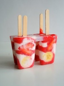 Strawberry Banana Ice Pops (do without sugar and FF yogurt-just do in a bowl!)