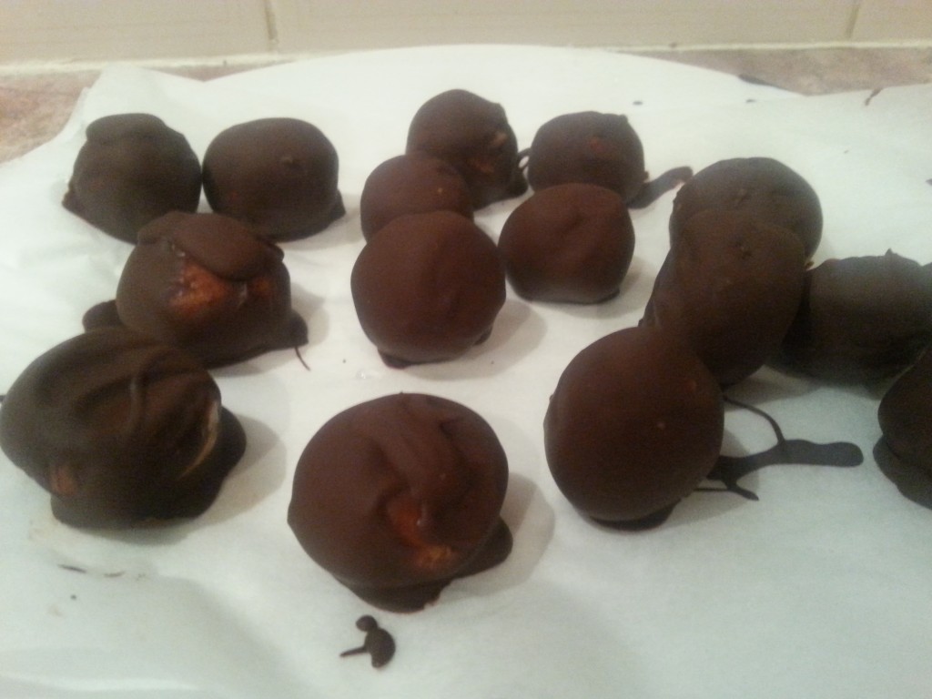 Peanut Butter Protein Balls: Dip the cold balls into melted 85% cocoa chocolate 